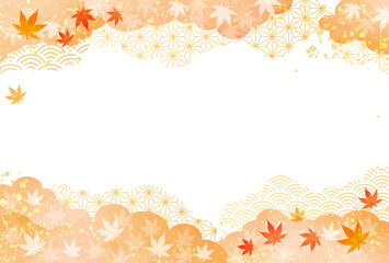 秋　紅葉　オレンジ　和柄　雲　水彩風　背景	
