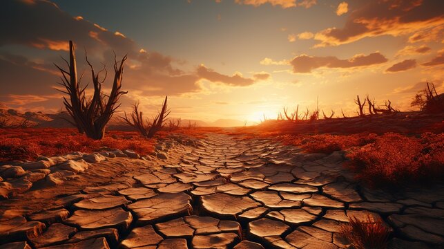 Scorching sun, heat cracked earth, desert drought, oppressive tense situation