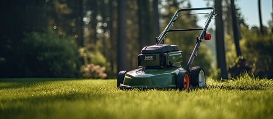 A lawn mower is cutting the green grass in a backyard with green Thuja trees in the background.