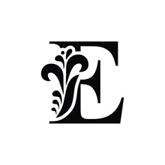 capital letter E. Black flower alphabet. Beautiful capital letters with shadow	
