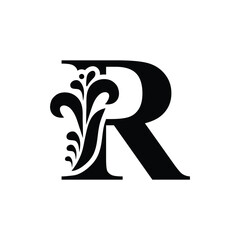capital letter R. Black flower alphabet. Beautiful capital letters with shadow	
