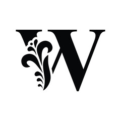 capital letter W. Black flower alphabet. Beautiful capital letters with shadow	
