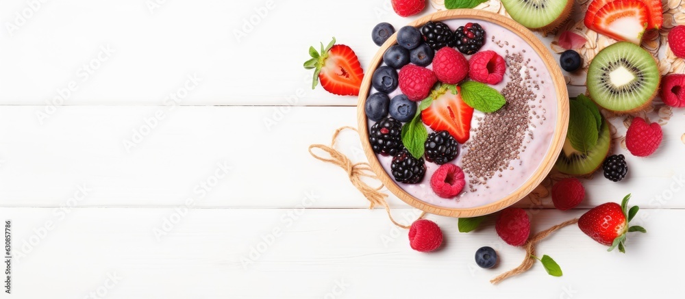 Poster a plant-based diet concept featuring a vegan smoothie bowl with chia pudding, berries, and granola, 