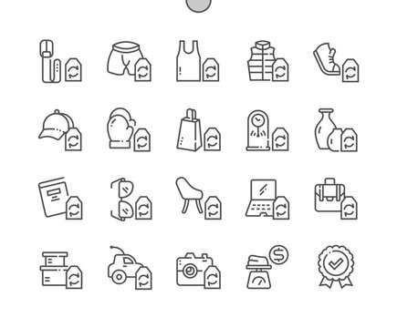 Second hand store. Price per weight. Chair, laptop, briefcase, boxes, toy, camera. Pixel Perfect Vector Thin Line Icons. Simple Minimal Pictogram