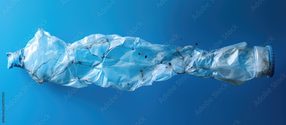 Aufkleber an empty crumpled plastic bottle is seen on a blue background from a top view, with space for copyin