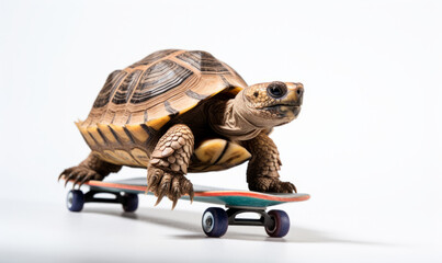 A tortoise riding on a skateboard. Strategy and performance concept