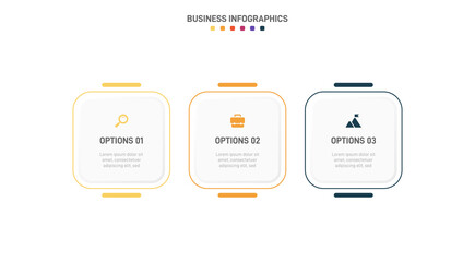 Timeline infographic with infochart. Modern presentation template with 3 spets for business process. Website template on white background for concept modern design. Horizontal layout.