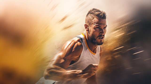 Athletic man running in the motion blur background. Sport concept.