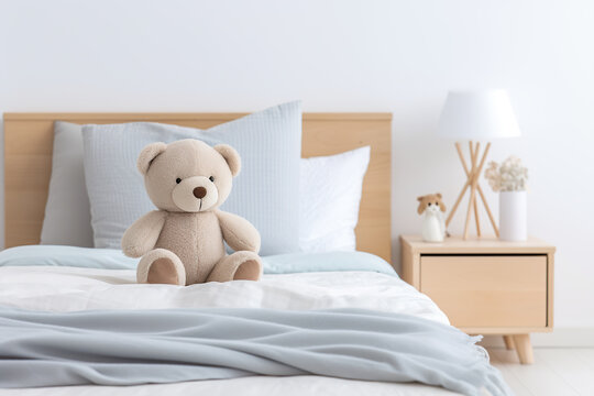 Naklejka Cute teddy bear on bed in bedroom. 