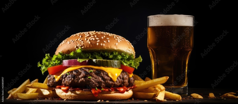 Poster A dark background with copy space features a side view of a beef burger accompanied by a beer and French fries.