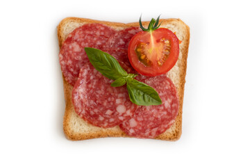 Sandwich with sausage, tomato, basil isolated on white background