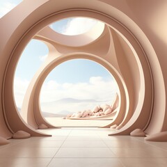 Beige arch, light minimalist interior. Advertising banner, mocap. Generative AI