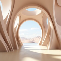 Beige arch, light minimalist interior. Advertising banner, mocap. Generative AI