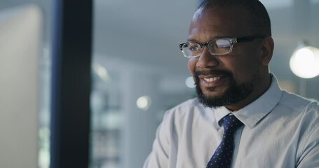 Computer, mature and a business black man at work in his office late at night on a management project. Face, glasses and a happy professional manager, CEO or boss working online for a company report - Powered by Adobe
