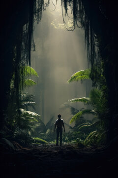 silhouette of a man lost in a lush fantasy jungle.