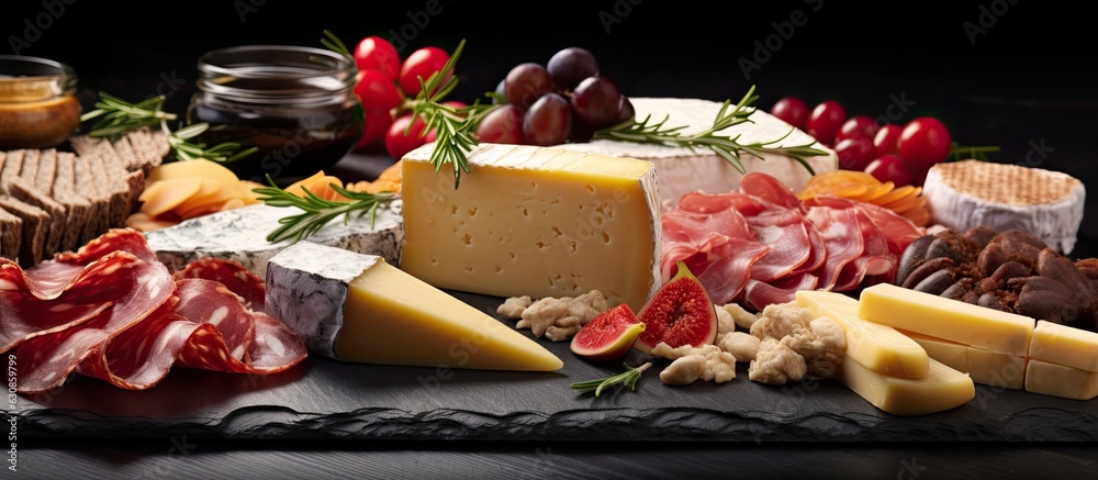 Poster Assorted cheese and meat appetizers presented on a dark slate background with a side border and copy space.