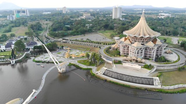 Aerial view of Darul Hana Bridge near Sarawak legislative - moving right to left