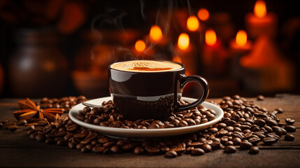 A steaming cup of rich, aromatic coffee surrounded by coffee beans in a cozy café setting 