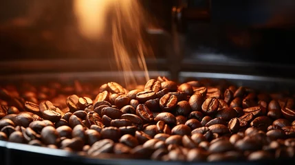 Foto op Plexiglas A close-up shot of coffee beans being ground, releasing their delightful aroma  © Наталья Евтехова