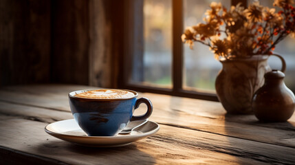 Obraz premium An elegant coffee cup placed on a rustic wooden table, creating a warm and inviting scene 