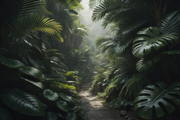 Fototapeta A pathway in tropical rainforest with palm trees and path in the mist. ai generative obraz