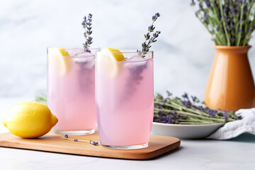 Fresh delicious Lavender lemonade on white marble table