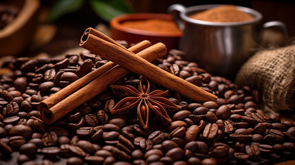 An artistic composition of coffee ingredients, such as beans, cinnamon sticks, and vanilla pods 