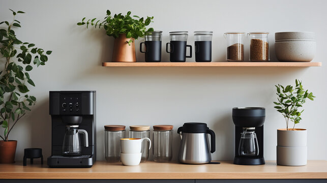 A stylish coffee corner in a modern kitchen, with shelves filled with coffee-related accessories 