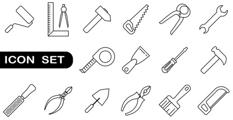 Hand repair tools icons set. Wrench set, brush, hammer, hand screwdriver, wire cutters, hacksaw, jigsaw, pliers, ruler, compasses and other items. Vector