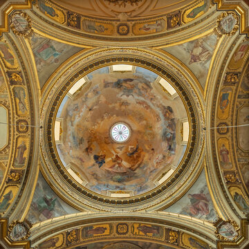 NAPLES, ITALY - APRIL 19, 2023: The centrel fresco in cupola of the church Chiesa del Jesu Vecchio by  Onofrio Buccino from 19. cent.