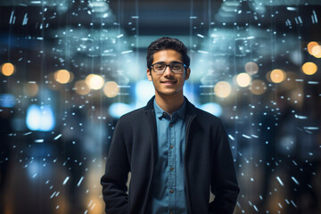 Fototapeta premium Innovation at Work: High-Resolution Portrait of a Young Software Engineer in a Buzzing Tech Hub