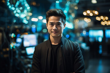 Fototapeta premium Innovation at Work: High-Resolution Portrait of a Young Software Engineer in a Buzzing Tech Hub