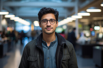 Obraz premium Innovation at Work: High-Resolution Portrait of a Young Software Engineer in a Buzzing Tech Hub