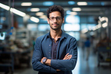 Fototapeta premium Innovation at Work: High-Resolution Portrait of a Young Software Engineer in a Buzzing Tech Hub