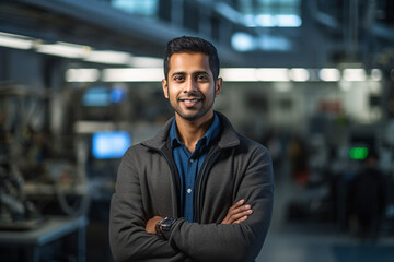 Fototapeta premium Innovation at Work: High-Resolution Portrait of a Young Software Engineer in a Buzzing Tech Hub