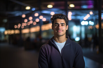 Fototapeta premium Innovation at Work: High-Resolution Portrait of a Young Software Engineer in a Buzzing Tech Hub