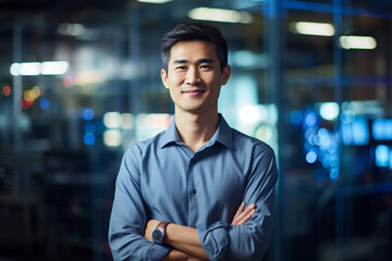 Fototapeta premium Innovation at Work: High-Resolution Portrait of a Young Software Engineer in a Buzzing Tech Hub