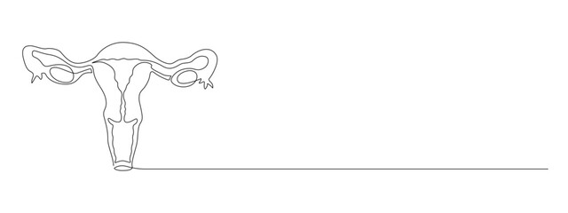 One continuous line drawing of woman uterus. Ovary and cervix of womb reproductive health in simple linear style for logo and card gynecology medical clinic. Editable stroke. Vector illustration