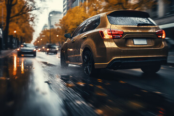Obraz na płótnie Canvas Dynamic shot of a car maneuvering in autumn city traffic after rain by Generative AI