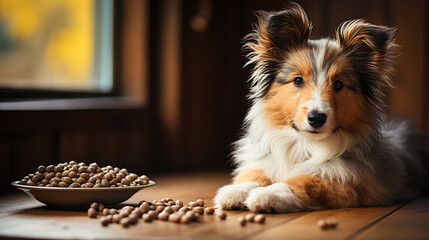 A Shetland Sheepdog is sitting next to a bowl of dog food enriched with probiotics.