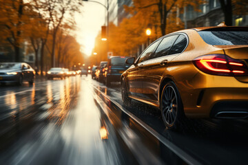 Fototapeta premium Dynamic shot of a car maneuvering in autumn city traffic after rain by Generative AI