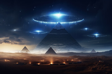 Aliens spaceships flying over the pyramids located in the Egyptian desert.