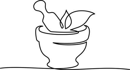 Pharmacy mortar and pestle with herbs. Continuous one line drawing. - obrazy, fototapety, plakaty