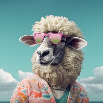 Fashionable  portrait of sheep with fashion  colorful dress with hippie bright pink sunglass on blue sky with clouds on background