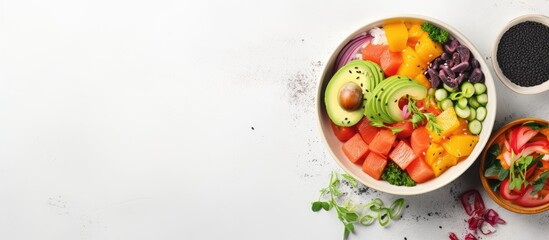 A vegan poke bowl that is tasty and colorful, placed on a light gray background. It is a fresh and healthy recipe, displayed from a top view with copy space.