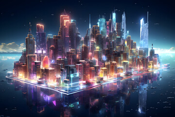 View of a city made of crystals on a floating island in a modern style