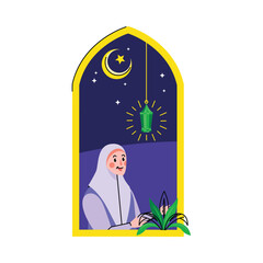 woman sitting and praying at night flat illustration 