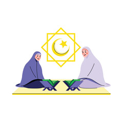 Two women sitting and reading quran at night flat illustration