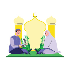 A couple sitting and reading quran together at night flat illustration