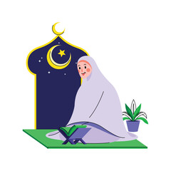 woman sitting and praying at night flat illustration

